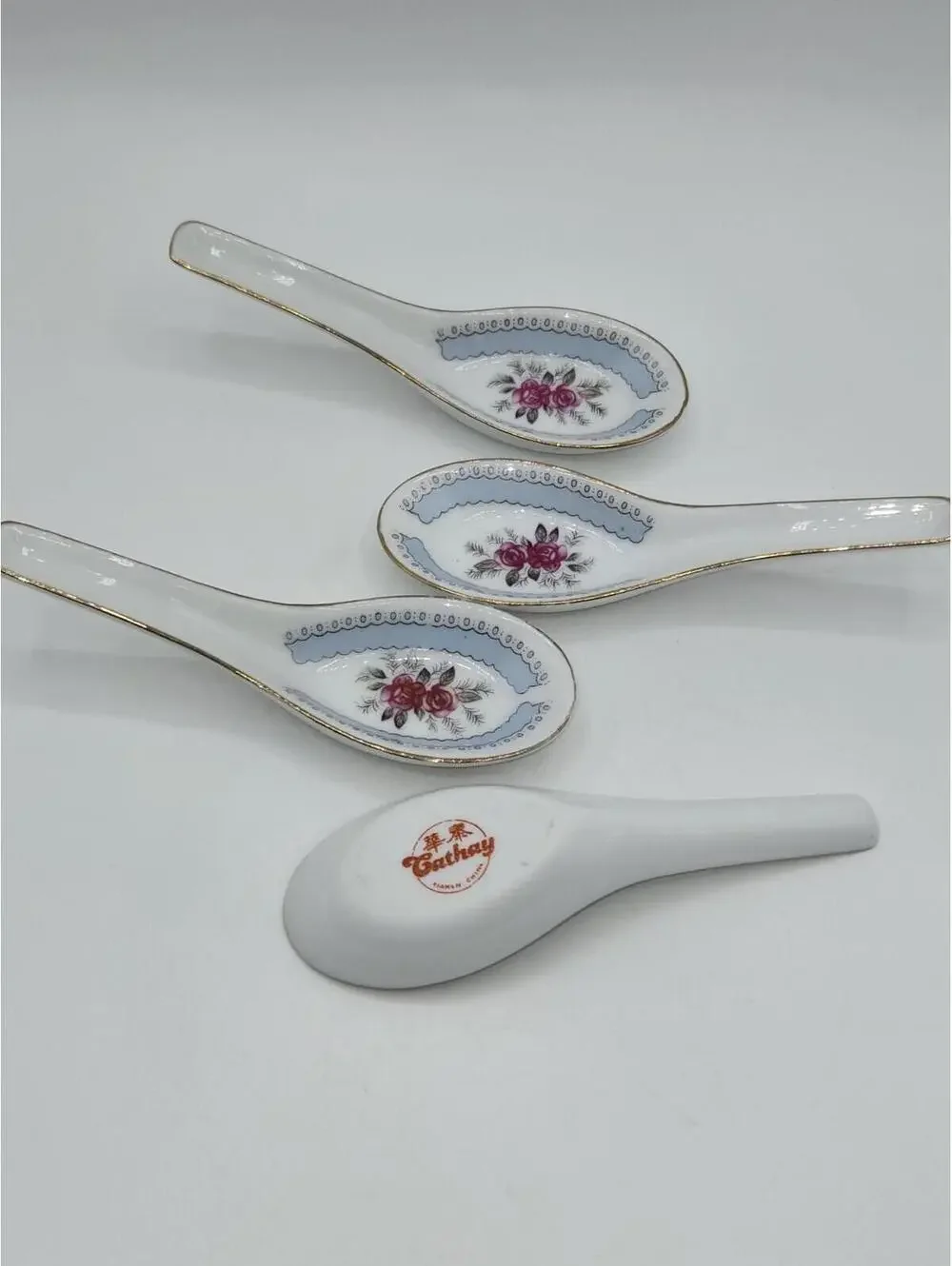 Cathay Porcelain Soup Spoons Set‎ of 4 Floral Rose Gold Trim China